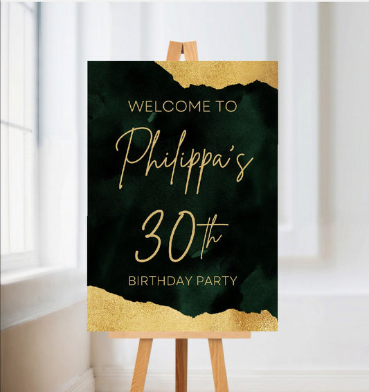 Emerald Green & Gold Welcome Board Sign | Personalised Birthday Board | Birthday Party Sign | A4, A3, A2