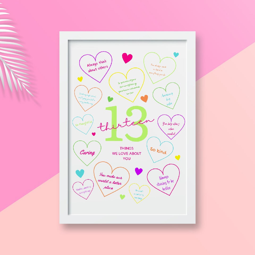 13th Birthday Print | 13 Things We Love About You | Teenager Keepsake Gift | Neon Colour Print
