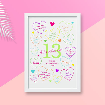 13th Birthday Print | 13 Things We Love About You | Teenager Keepsake Gift | Neon Colour Print