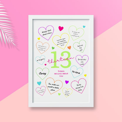 13th Birthday Print | 13 Things We Love About You | Teenager Keepsake Gift | Neon Colour Print