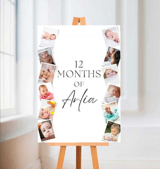 12 Months Image Photo Welcome Board Sign | Personalised Baby First Birthday Board | One Year Milestone Party Sign | A4, A3, A2