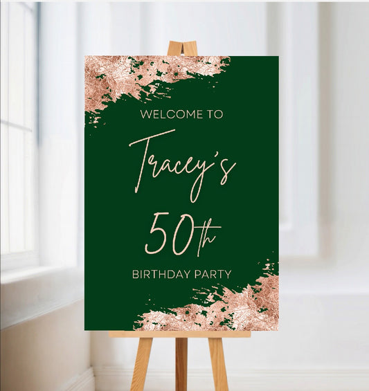 Green & Rose Gold Welcome Board Sign | Personalised Birthday Board | Birthday Party Sign | A4, A3, A2