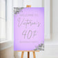 Purple & Silver Welcome Board Sign | Personalised Birthday Board | Birthday Party Sign | A4, A3, A2