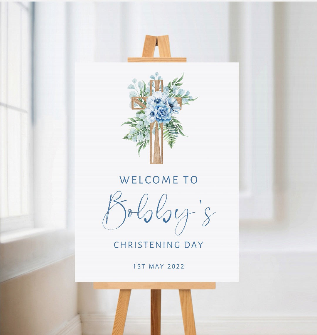 Christening, Baptism, Holy Communion Welcome Board Sign | Personalised Party Board | Blue Floral Party Sign | A4, A3, A2