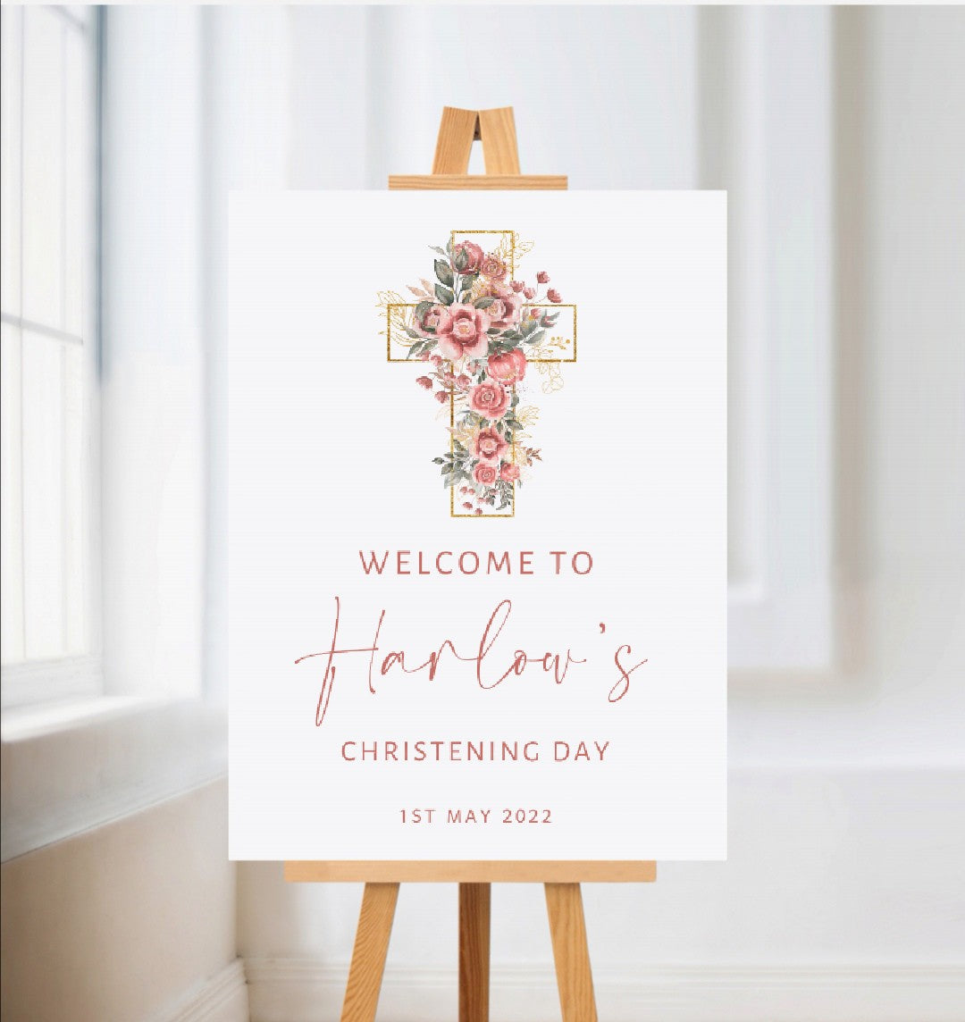 Christening, Baptism, Holy Communion Welcome Board Sign | Personalised Party Board | Blush Pink Floral Party Sign | A4, A3, A2