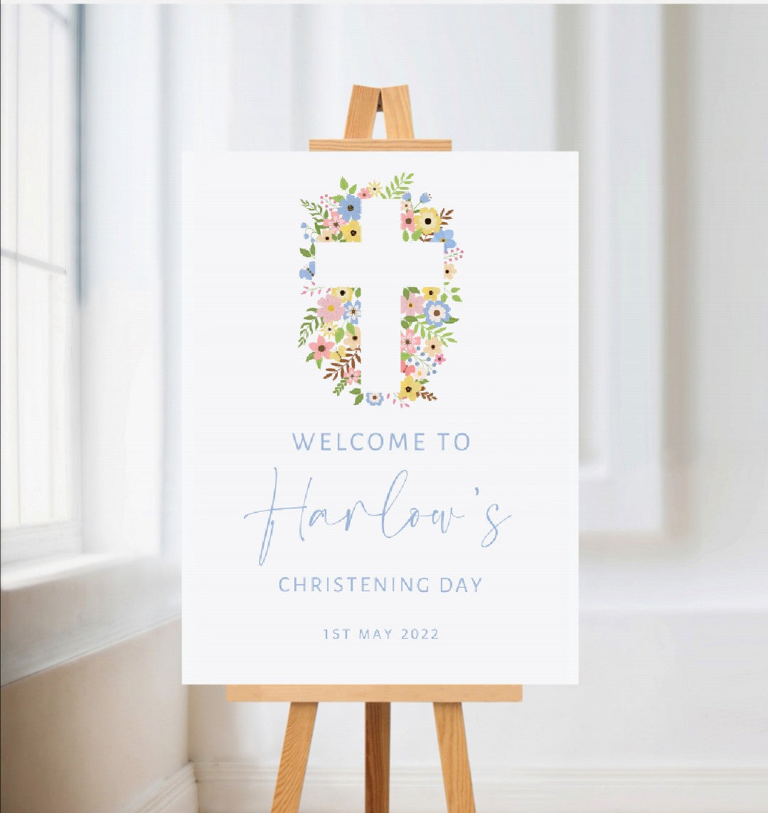 Christening, Baptism, Holy Communion Welcome Board Sign | Personalised Party Board | Spring Floral Party Sign | A4, A3, A2