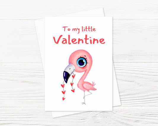 Children's Valentine Card | To My Little Valentine | Cute Flamingo Card