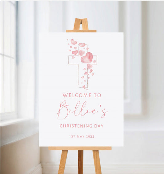 Christening, Baptism, Holy Communion Welcome Board Sign | Personalised Party Board | Pink Heart Party Sign | A4, A3, A2