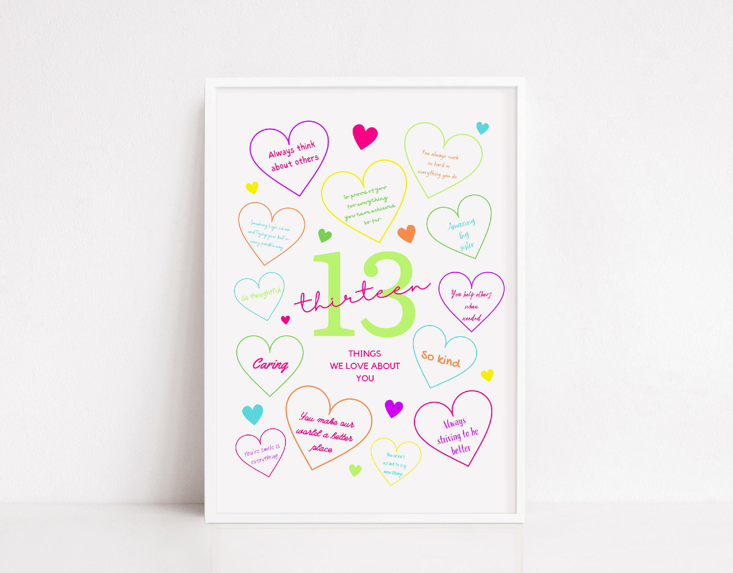 13th Birthday Print | 13 Things We Love About You | Teenager Keepsake Gift | Neon Colour Print