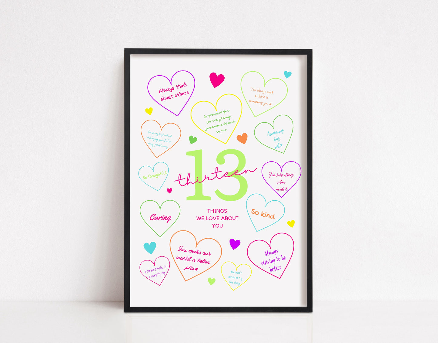 13th Birthday Print | 13 Things We Love About You | Teenager Keepsake Gift | Neon Colour Print