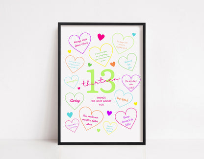 13th Birthday Print | 13 Things We Love About You | Teenager Keepsake Gift | Neon Colour Print