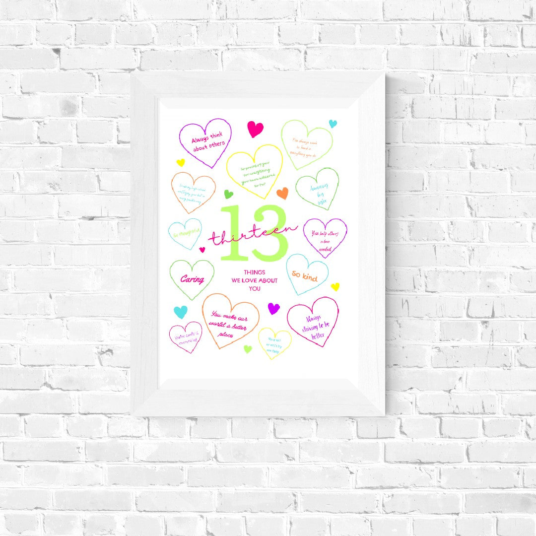 13th Birthday Print | 13 Things We Love About You | Teenager Keepsake Gift | Neon Colour Print