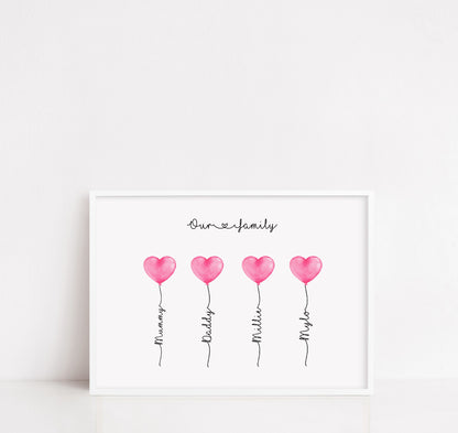 Family Print | Personalised Balloons Print | Heart Family Gift