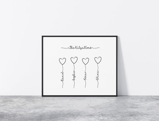 Family Print | Personalised Balloons Print | Black & White Family Gift