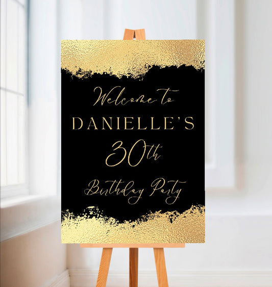 Black & Gold Welcome Board Sign | Personalised Birthday Board | Birthday Party Sign | A4, A3, A2