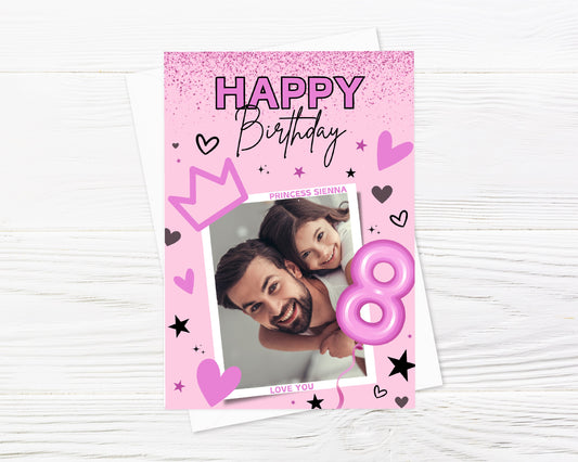 Birthday Card | Children's Pink Age Number Card | Personalised Photo Princess Card