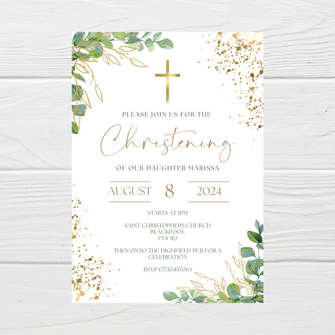 Green Gold Christening Invitations | A6 Invites | Eucalyptus Theme Invitations | Christening Invitations