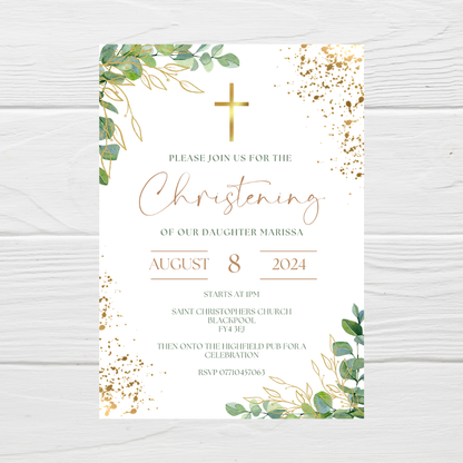 Green Gold Christening Invitations | A6 Invites | Eucalyptus Theme Invitations | Christening Invitations