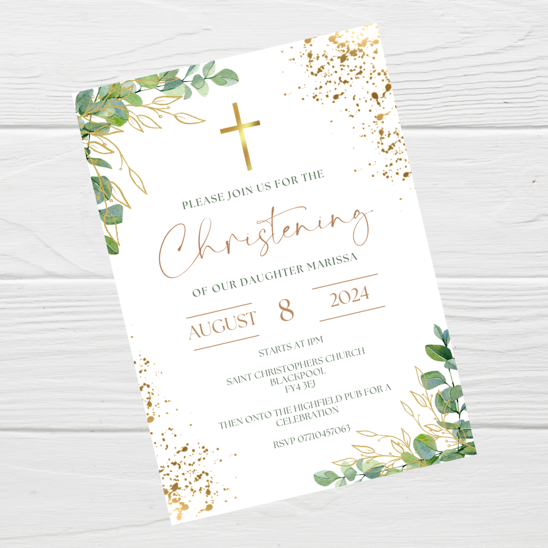 Green Gold Christening Invitations | A6 Invites | Eucalyptus Theme Invitations | Christening Invitations