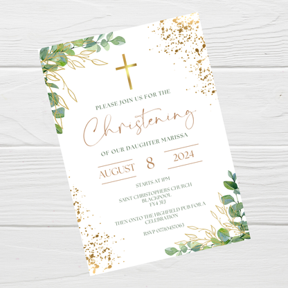 Green Gold Christening Invitations | A6 Invites | Eucalyptus Theme Invitations | Christening Invitations
