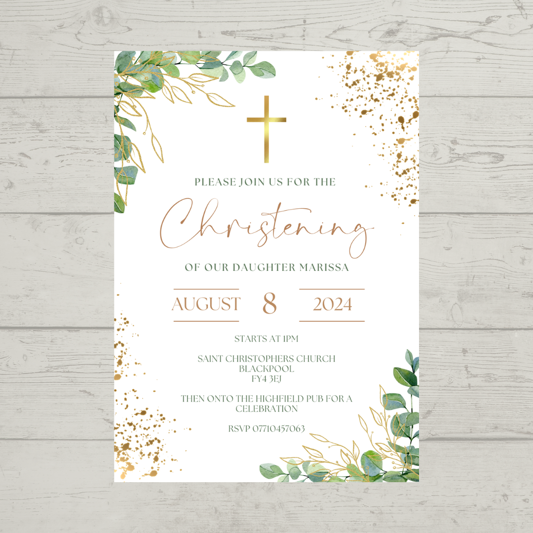 Green Gold Christening Invitations | A6 Invites | Eucalyptus Theme Invitations | Christening Invitations