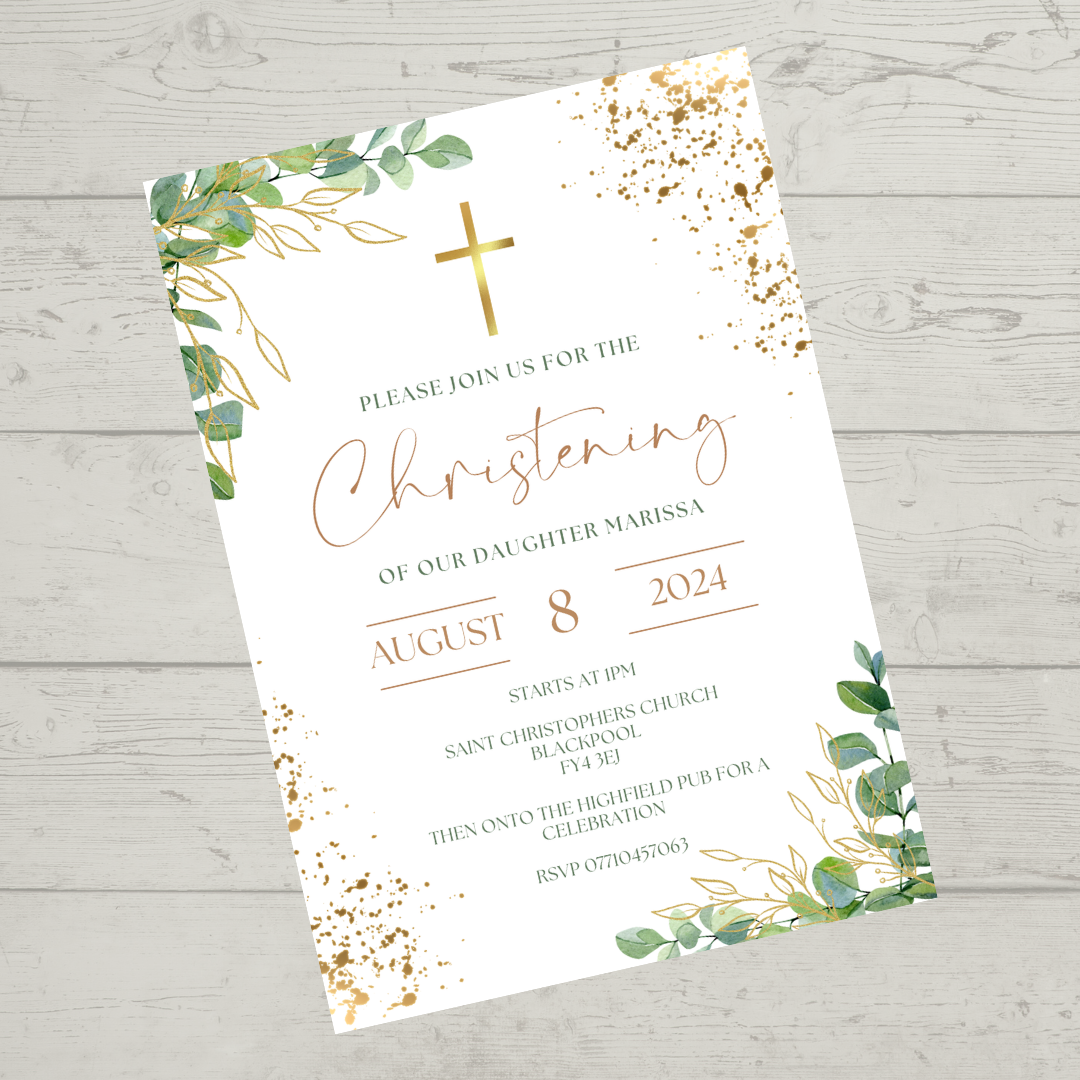 Green Gold Christening Invitations | A6 Invites | Eucalyptus Theme Invitations | Christening Invitations