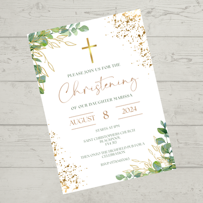 Green Gold Christening Invitations | A6 Invites | Eucalyptus Theme Invitations | Christening Invitations