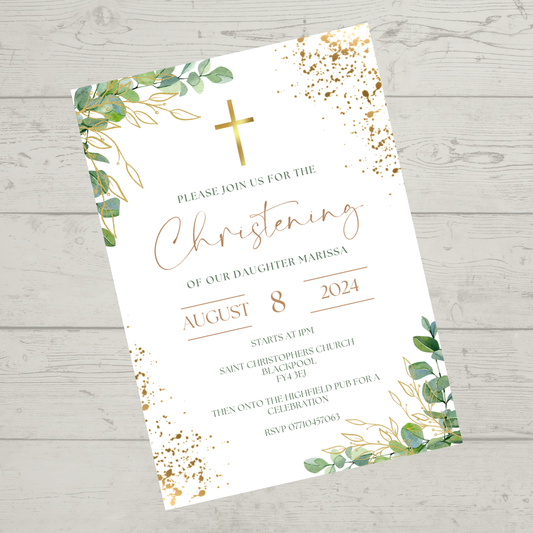 Green Gold Christening Invitations | A6 Invites | Eucalyptus Theme Invitations | Christening Invitations