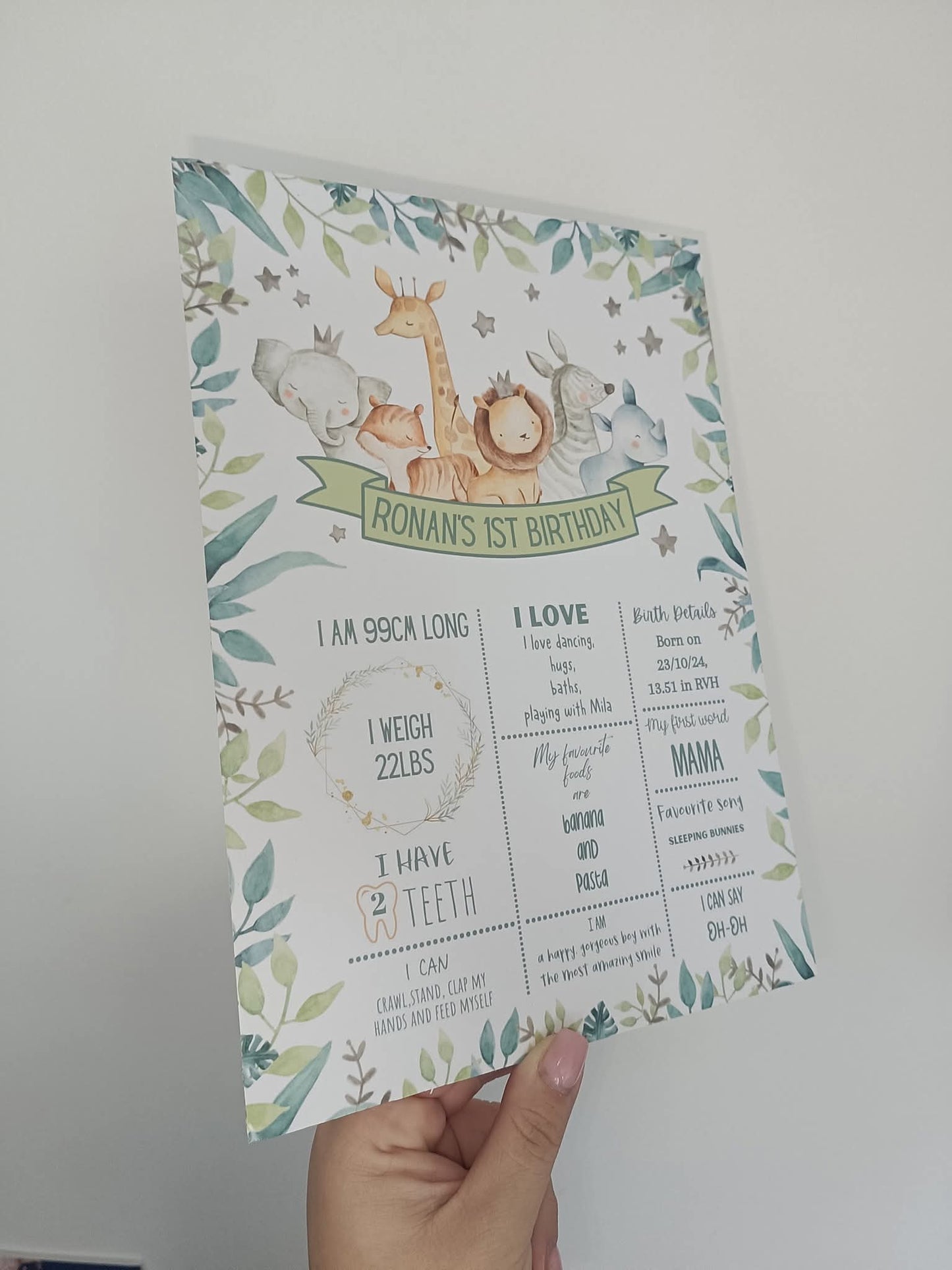 Personalised Green Safari Jungle Welcome Board Sign | Safari Jungle First Birthday Board | Birthday Party Sign | Safari Jungle Party Theme | A4, A3, A2