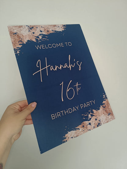 Navy Blue & Rose Gold Welcome Board Sign | Personalised Birthday Board | Birthday Party Sign | A4, A3, A2