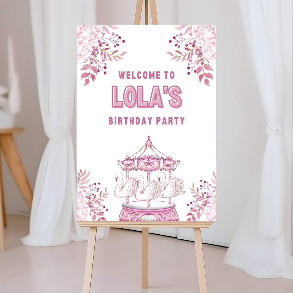Premium Carousel Swan Welcome Board Sign | Personalised Birthday Board | Birthday Party Sign | A4, A3, A2