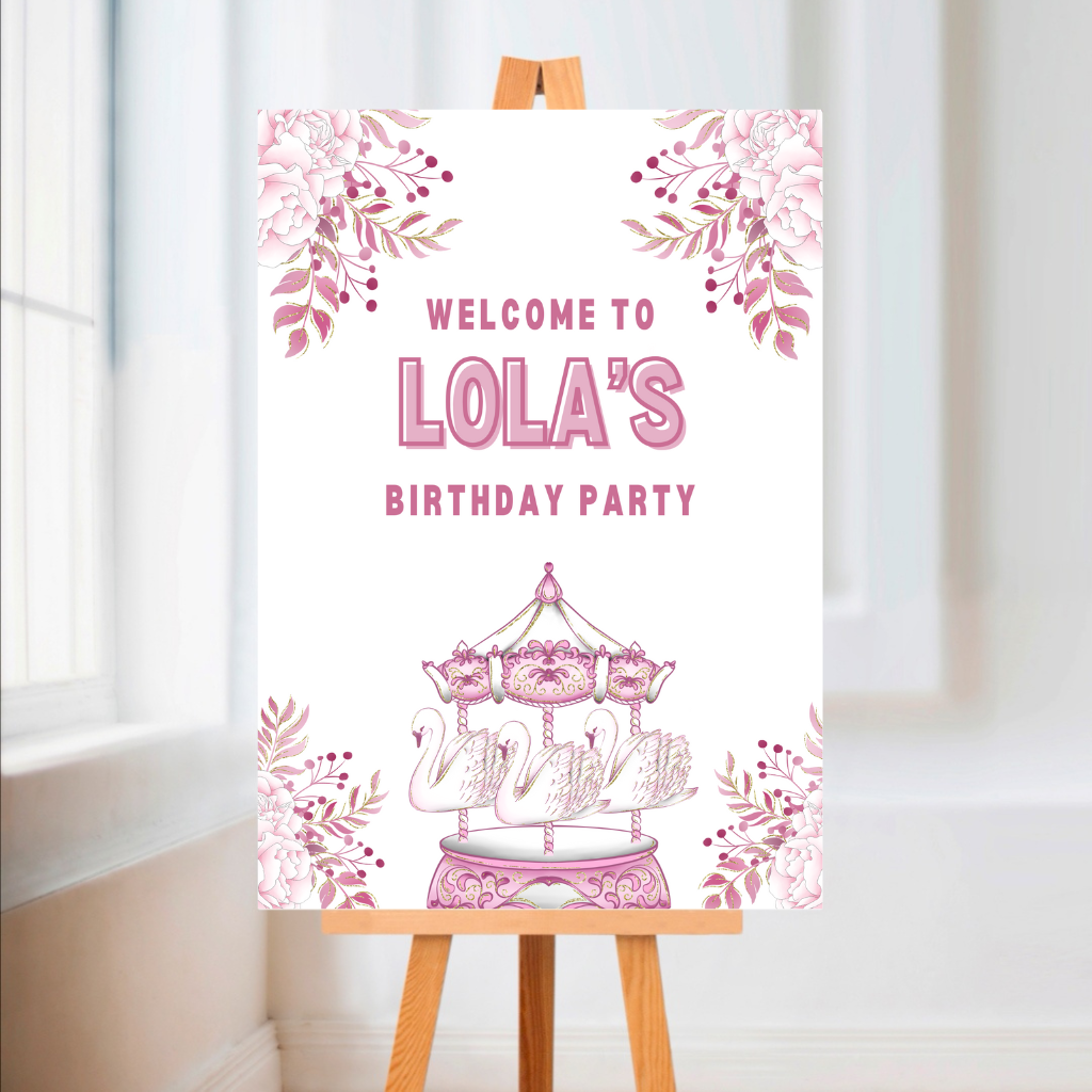 Premium Carousel Swan Welcome Board Sign | Personalised Birthday Board | Birthday Party Sign | A4, A3, A2