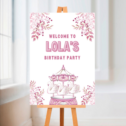 Premium Carousel Swan Welcome Board Sign | Personalised Birthday Board | Birthday Party Sign | A4, A3, A2