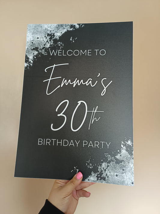 Emma's 30th Birthday | A3 Black & Silver Welcome Board Sign | Personalised Birthday Board | SALE ITEM