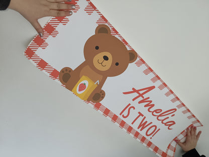SALE ITEM | Red Teddy Bear Picnic Banner & Stickers Set | Amelia is Two | Personalised Birthday Banner & Stickers