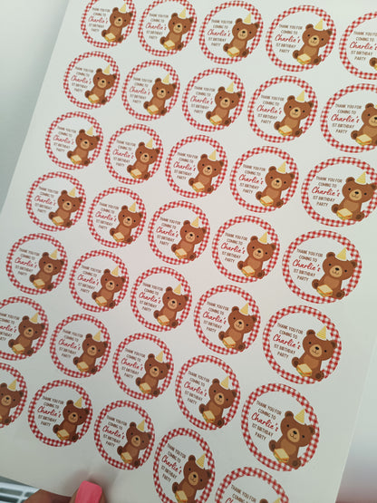 SALE ITEM | 35 x Teddy Bear Picnic Birthday Party Stickers | Thank You For Coming To Charlie's 1st Birthday Party