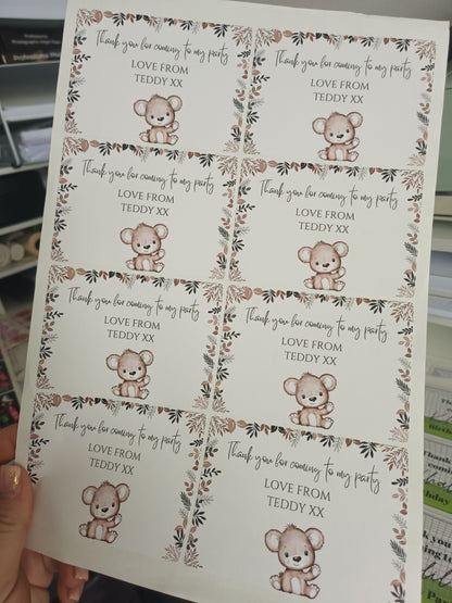 8 x Teddy Bear Rectangle Party Bag Stickers | Teddys Birthday Party | SALE ITEM
