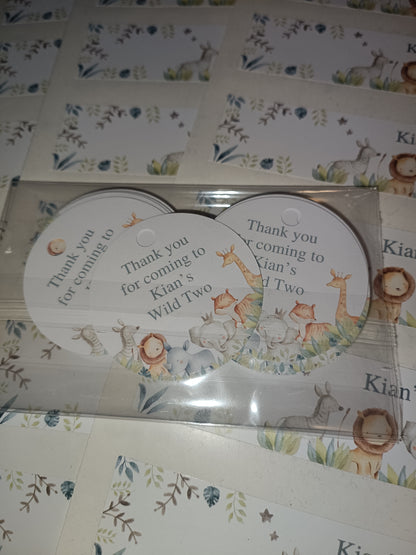 SALE - Kian's Wild Two Party Tags & Water Label Stickers | 30 x Gift Tags | 21 x Water Labels | Safari Animal Party