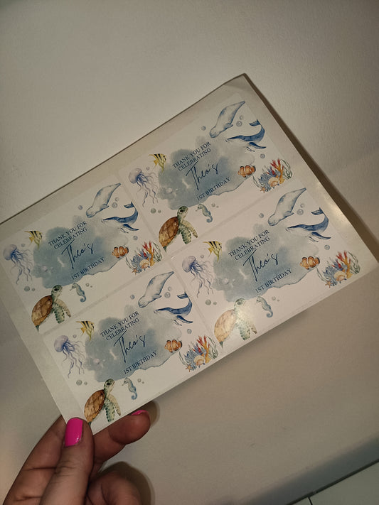 SALE | 4 x Under The Sea Rectangle Party Bag Stickers | Thank You For Celebrating Theo's 1st Birthday