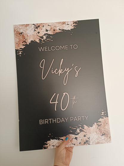 SALE ITEM | Vicky's 40th Birthday Party | A2 Black & Rose Gold Welcome Board Sign | Personalised Birthday Board