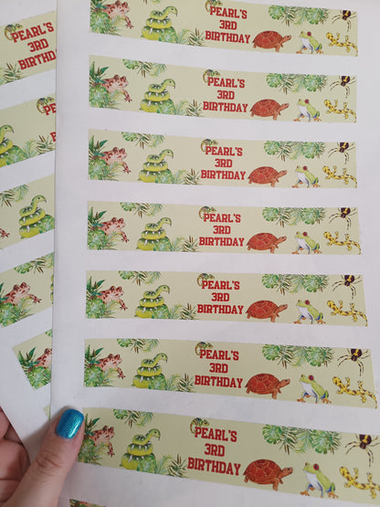 14 x Reptile Water Bottle Labels Party Stickers | Pearl's 3rd Birthday | SALE ITEM