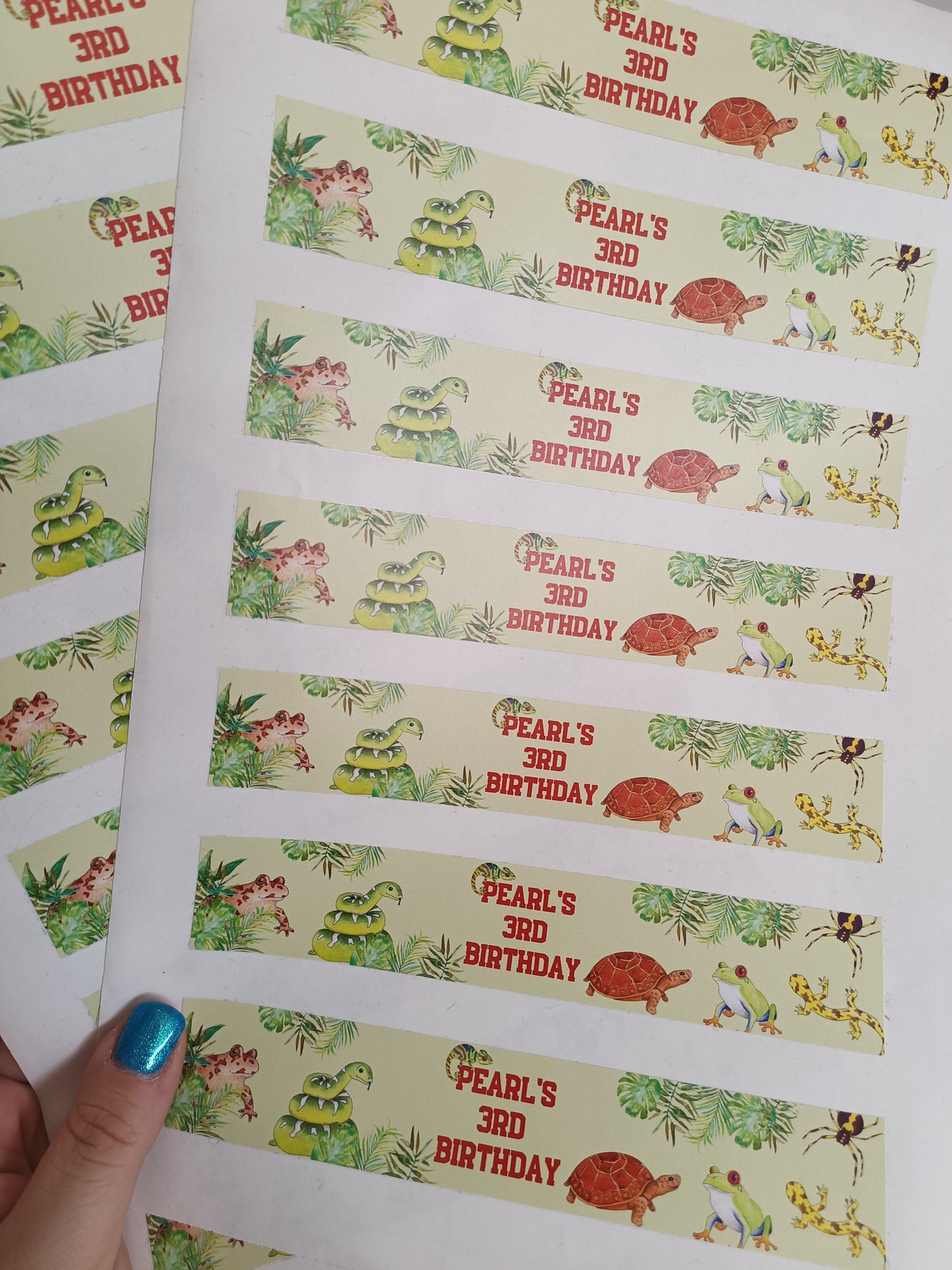 14 x Reptile Water Bottle Labels Party Stickers | Pearl's 3rd Birthday | SALE ITEM