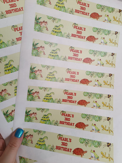 14 x Reptile Water Bottle Labels Party Stickers | Pearl's 3rd Birthday | SALE ITEM