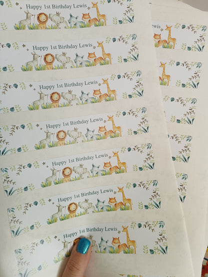 SALE - 21 x Safari Water Bottle Labels Party Stickers | Happy 1st Birthday Lewis
