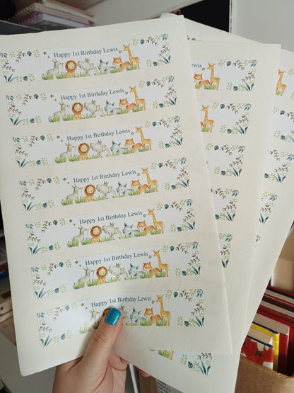 SALE - 21 x Safari Water Bottle Labels Party Stickers | Happy 1st Birthday Lewis