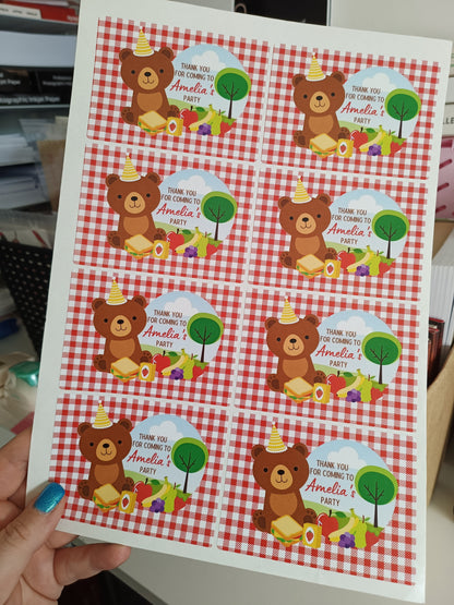 Rectangle Stickers | Party Stickers | Red Teddy Bear Picnic Party Stickers | Party Bag Stickers - Dinky Designs