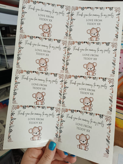 8 x Teddy Bear Rectangle Party Bag Stickers | Teddys Birthday Party | SALE ITEM
