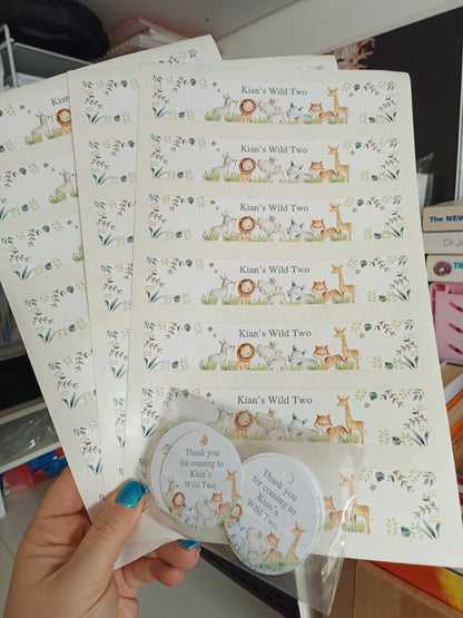 SALE - Kian's Wild Two Party Tags & Water Label Stickers | 30 x Gift Tags | 21 x Water Labels | Safari Animal Party