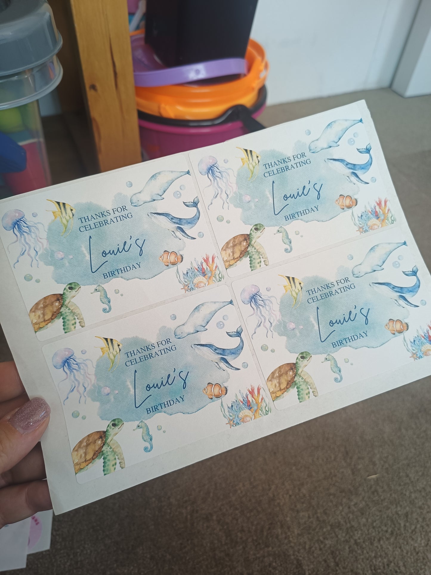 SALE | 4 x Under The Sea Rectangle Party Bag Stickers | Thanks For Celebrating Louie's Birthday