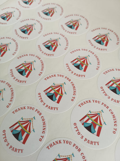 SALE - 45mm Circus Stickers | Party Bag Stickers | Thank You For Coming To Otto's Party